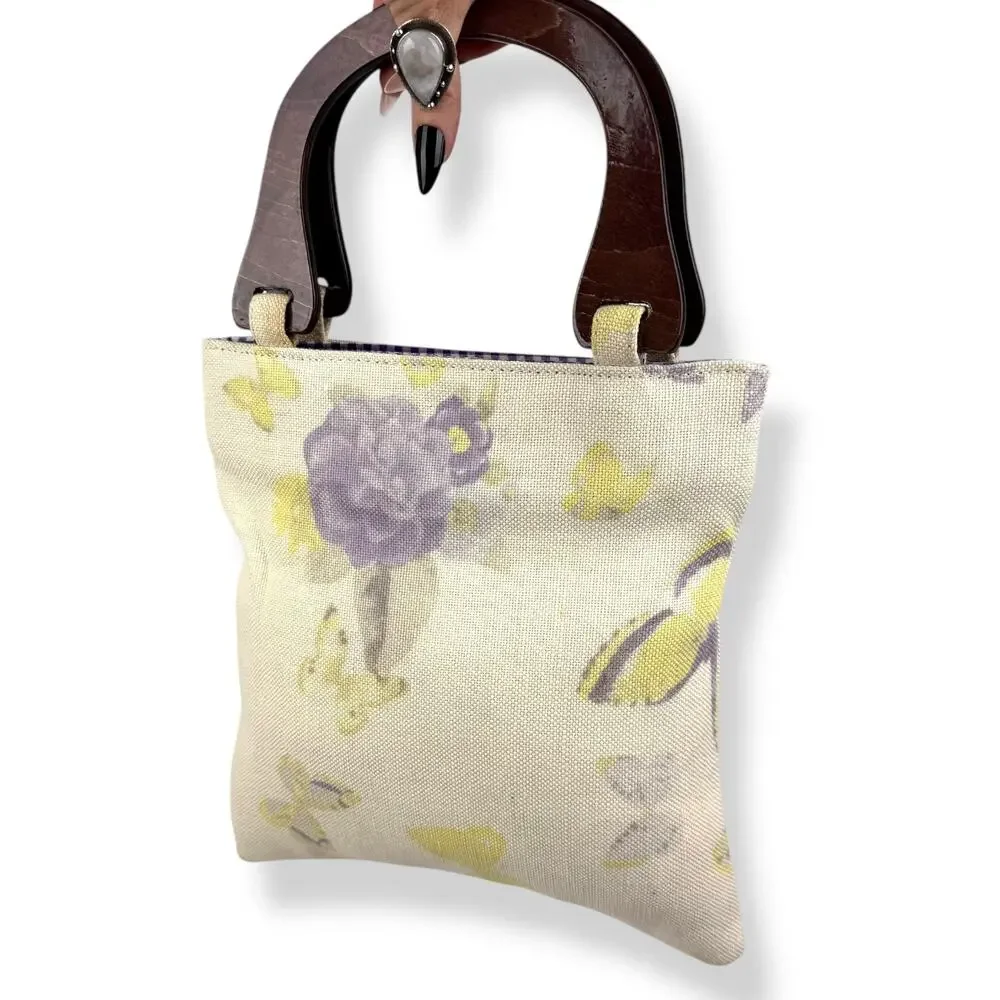 90's woven linen butterfly floral wood handle bag by FASHION EXPRESS ORIGINAL - Picture 14 of 16
